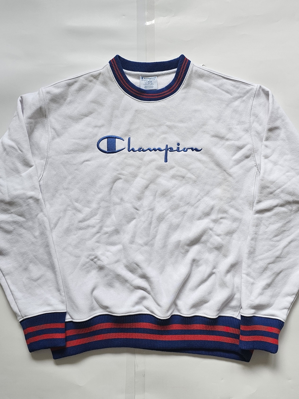 Champion White Crewneck with Blue Script and Red-Trim Ribbing